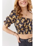 Crop top floral asimetric, negru si galben 020520 - Magazin online - Boutique